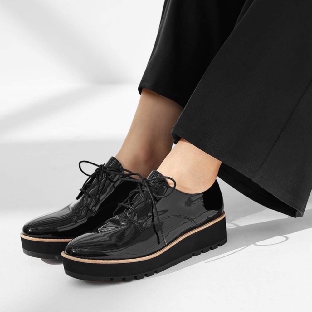 Eileen Fisher Eddy Derby Black Patent Platform Lace up Oxford Shoe ~ Size 7.5 - Picture 1 of 15